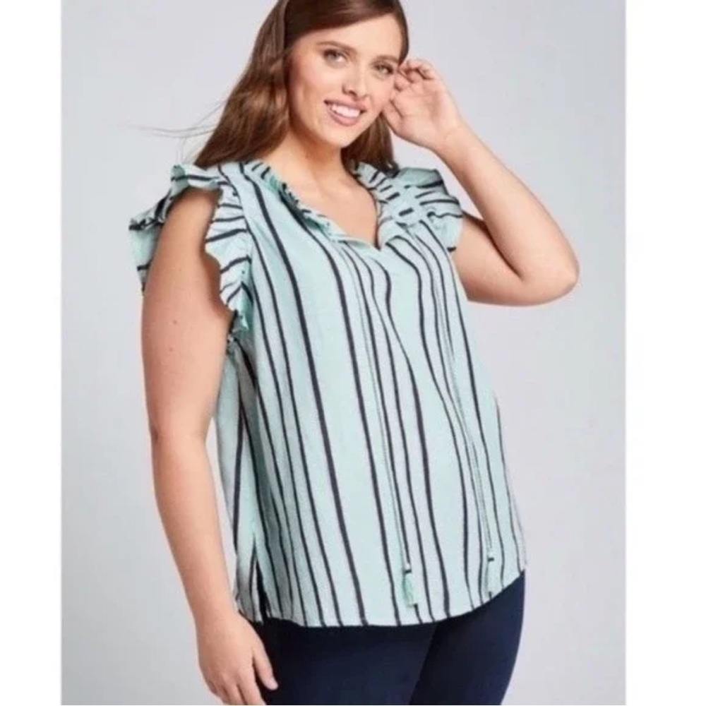 Lane Bryant Blue Striped Ruffle Sleeve Tassel Tie V-Neck Blouse
